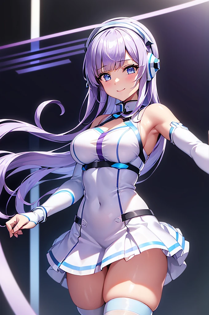 mecha wings、White and blue skirt、Accentuated thighs、White tights、chest、Beautiful light purple hair、1 girl、solo girl、Thick thighs、IS、Frame Arms Girl、Alice Gere Aegis、White Armor、Blue and purple lines、income、headphone、hand on own chest、smile