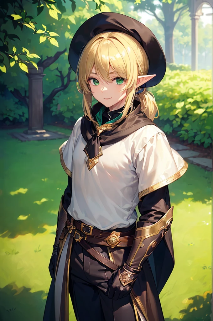 (((masterpiece; best quality: 1.2))), (finely detailed eyes: 1.3), (25 year old elf man), (solo), (green eyes: 1.4), (body; toned, fit, masculine: 1.3), (silky blonde hair in low ponytail: 1.3), (beautiful and clear background: 1.2), ((depth of field)), (equipment: adventurer garb + modest + elegant wide-brim hat + dark tunic + dark long cape + black pants + gloves + belt + pouches: 1.3), (anime illustration: 1.2), (background composition; royal garden: 1.1), (extremely fine and handsome: 1.1), (shot composition; standing + centered on torso + close-up: 1.5), (expression; calm, smile: 1.2)