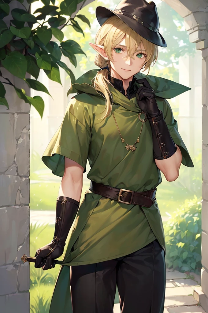 (((masterpiece; best quality: 1.2))), (finely detailed eyes: 1.3), (25 year old elf man), (solo), (green eyes: 1.4), (body; toned, fit, masculine: 1.3), (silky blonde hair in low ponytail: 1.3), (beautiful and clear background: 1.2), ((depth of field)), (equipment: adventurer garb + modest + elegant wide-brim hat + dark tunic + dark long cape + black pants + gloves + belt + pouches: 1.3), (anime illustration: 1.2), (background composition; royal garden: 1.1), (extremely fine and handsome: 1.1), (shot composition; standing + centered on torso + close-up: 1.5), (expression; calm, smile: 1.2)