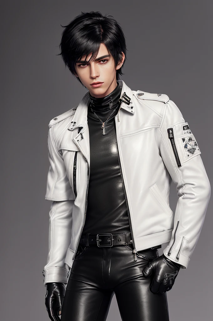 Final fantasy taste and reality graphics, ((Japanese young cute and cool ikemen  boy)), his age is early 20s, thin eyebrows and beady eyes,  ((he wearing off white color leather  thick and heavy material jacket)), ((jacket is singlebrest)), ((biker style jacket)), ((jacket is large size)),((with epaulet)), ((jacket is long sleeve)), ((zipped front of the leather jacket)), , ((voluminous leather jacket)), ,((must jacket is high length and stand-up collar)) ((jacket collar with two belts)), ((jacket is a little black color line pattern)), ((also wearing black thick material turtleneck lackluster shirts)),  ((tight black leather pants)),  ((put black leather tight and thin glove on both hands)), ((black leather knee-high raceup boots)),((must views  head-to-toe)),((must views whole body)), ,((Do not show skin from the neck down)),leather jacket leather glove and leather pants have few wrinkles, Avoid showing your innerwear,zip up jacket fastner.must put on a leather glove.
Boy is black hair.boy looks like fashion model.
