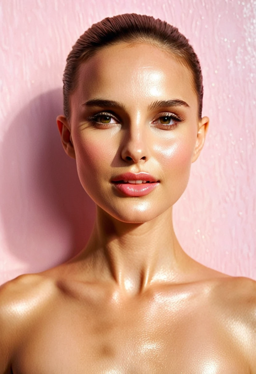 (natalie Portman), (masterpiece, best quality:1.2),(8k,highres,RAW photo,realistic,photo-realistic:1.3),(detailed skin texture,beautiful detailed face:1.25),professional lighting,photon mapping,beautiful soft light,radiosity,physically-based rendering,
(masterpiece, top quality, best quality, ((standing in centre)), ((1girl, 20yo, makeup,very beautiful, gorgeous,flawless,sexy,charming,seductive,erotic, alluring, enchanting, perfect female body,mature female,shiny skin, skindentation, narrow waist,skinny, pale skin, soft lips, shiny)), ((upper body, symmetrical composition)), ((wear nothing, nude)),  (pure pink abstract patterns background), ((studio light)) ((studio portrait)), emotional face, face front, extreme detailed, The background is [(white background:1.2),::5] lines , (magazine content-style:1.5), fashionable, woman, vibrant, dynamic,funny, (wet body, female orgasm, smile:0.7), (naughty pose:1.5)