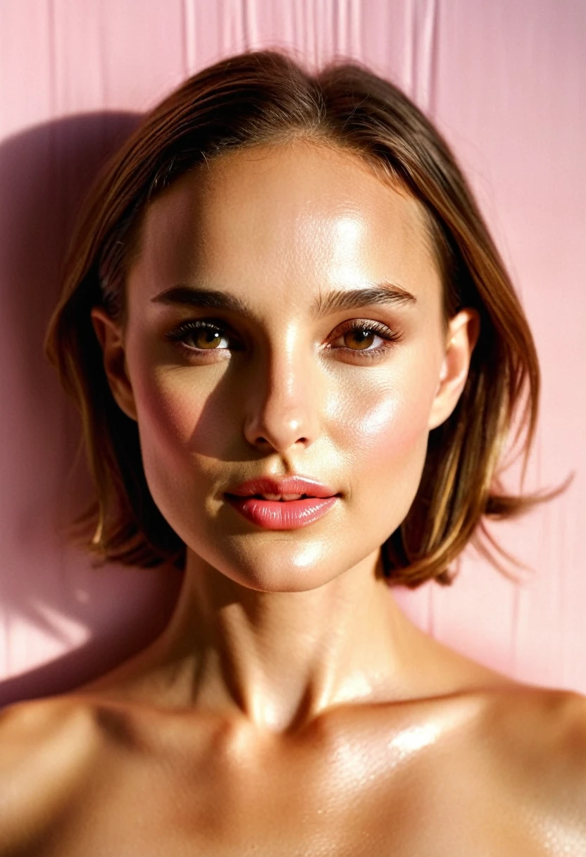 (natalie Portman), (realistic,photo-realistic:1.3),(detailed skin texture,beautiful detailed face:1.25),professional lighting,photon mapping,beautiful soft light,radiosity,physically-based rendering,
(((standing in centre)), ((1girl, 20yo, makeup,very beautiful, gorgeous,flawless,sexy,charming,seductive,erotic, alluring, enchanting, perfect female body,mature female,shiny skin, skindentation, narrow waist,skinny, pale skin, soft lips, shiny)), ((upper body, symmetrical composition)), ((wear nothing, nude)),  (pure pink abstract patterns background), ((studio light)) ((studio portrait)), emotional face, face front, extreme detailed, The background is [(white background:1.2),::5] lines , (magazine content-style:1.5), fashionable, woman, vibrant, dynamic,funny, (wet body, female orgasm, smile:0.7), (naughty pose:1.5)