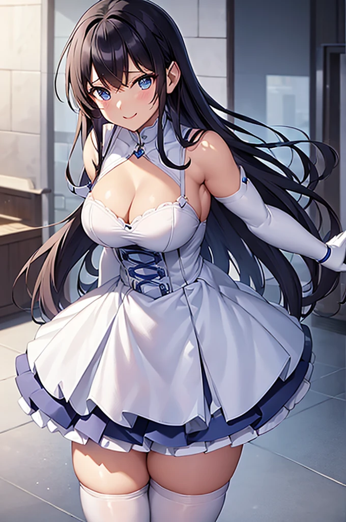 mecha wings、White and blue skirt、Accentuated thighs、White tights、chest、Beautiful black hair、1 girl、solo girl、Thick thighs、IS、Frame Arms Girl、Alice Gere Aegis、White Armor、Blue and purple lines、income、headphone、hand on own chest、smile