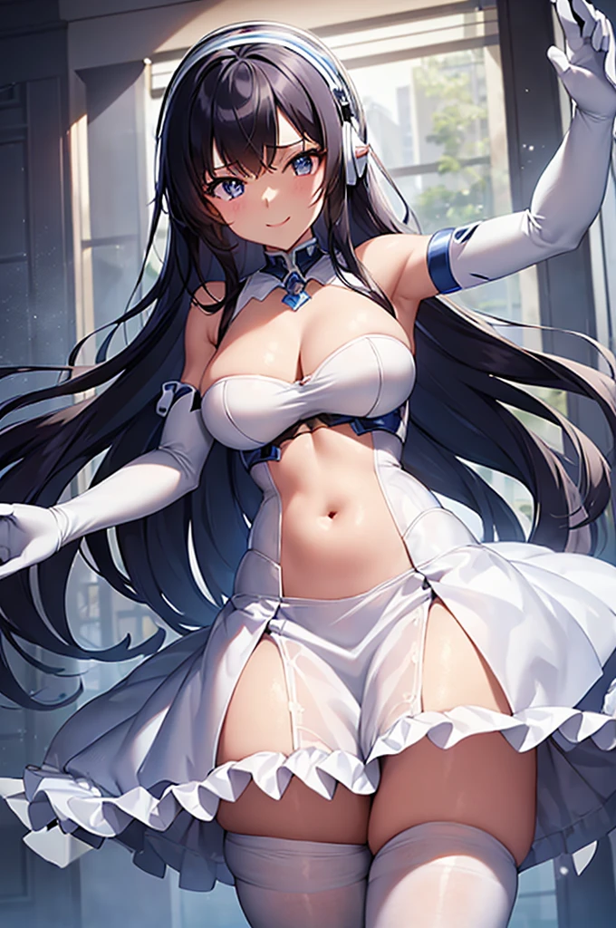 mecha wings、White and blue skirt、Accentuated thighs、White tights、chest、Beautiful black hair、1 girl、solo girl、Thick thighs、IS、Frame Arms Girl、Alice Gere Aegis、White Armor、Blue and purple lines、income、headphone、hand on own chest、smile