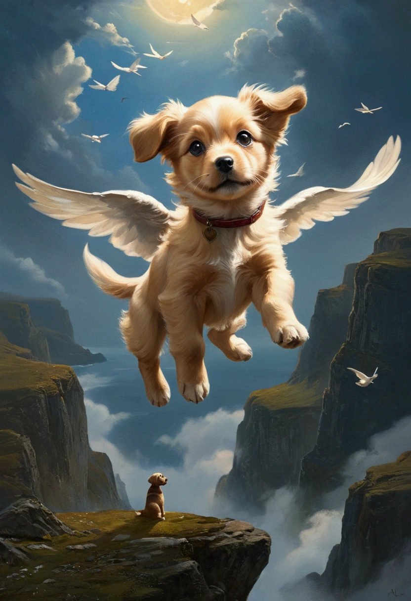 Flying Puppy, full body, by Alexander Jansson and Andy Kehoe, cinematic still, (best quality, masterpiece), very aesthetic, perfect composition, intricate details, ultra-detailed, vivid colors