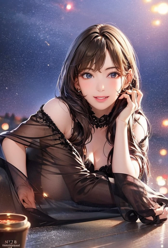 (8k, Highest quality, masterpiece:1.2), (Realistic, Photorealistic:1.37), Very detailed, 1 girl,cute, alone,Midnight,Beautifully detailed skies,Detailed Cafe,Sitting,Dated,(Red nose),(smile:1.15),(Mouth closed) Small breasts,Beautiful attention to detail,Floating Hair NovaFrogStyle,backless dress