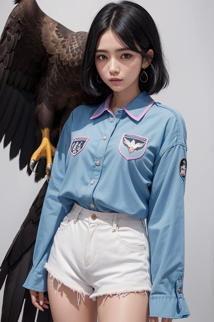 Black hair with a donkey blue blouse with an eagle and blue shorts with pink lines