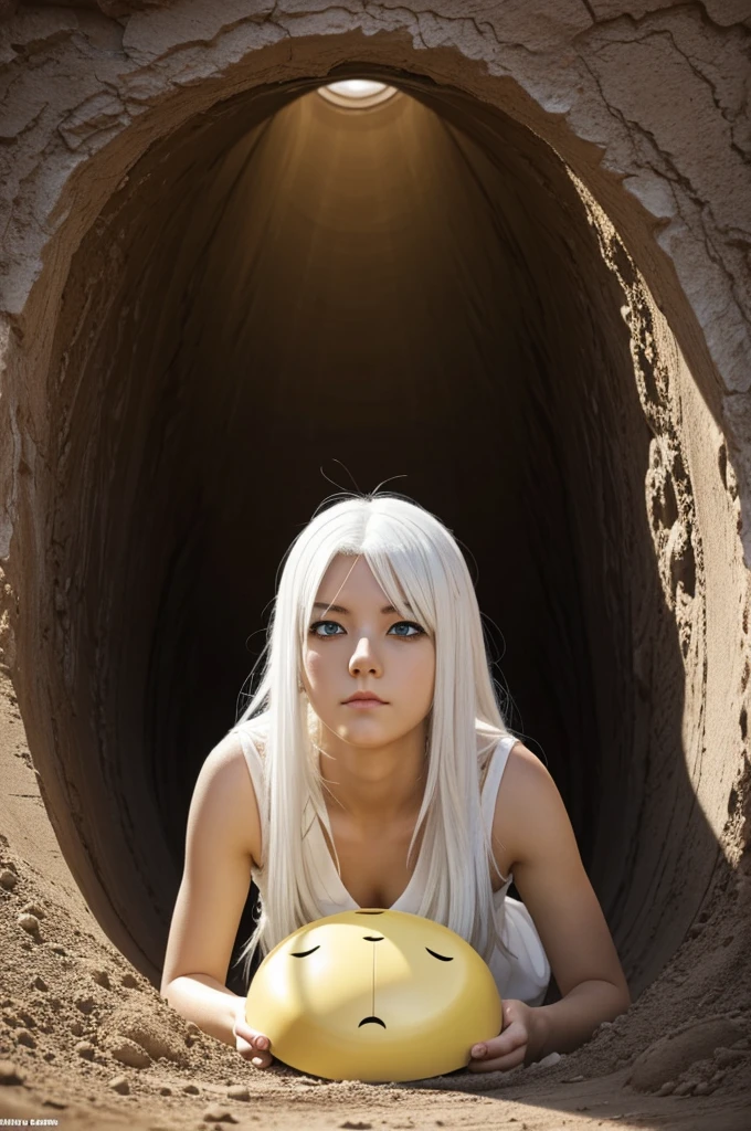 anime girl white hair, yellow eyes, white dress looking through a hole in the ground with a bored face