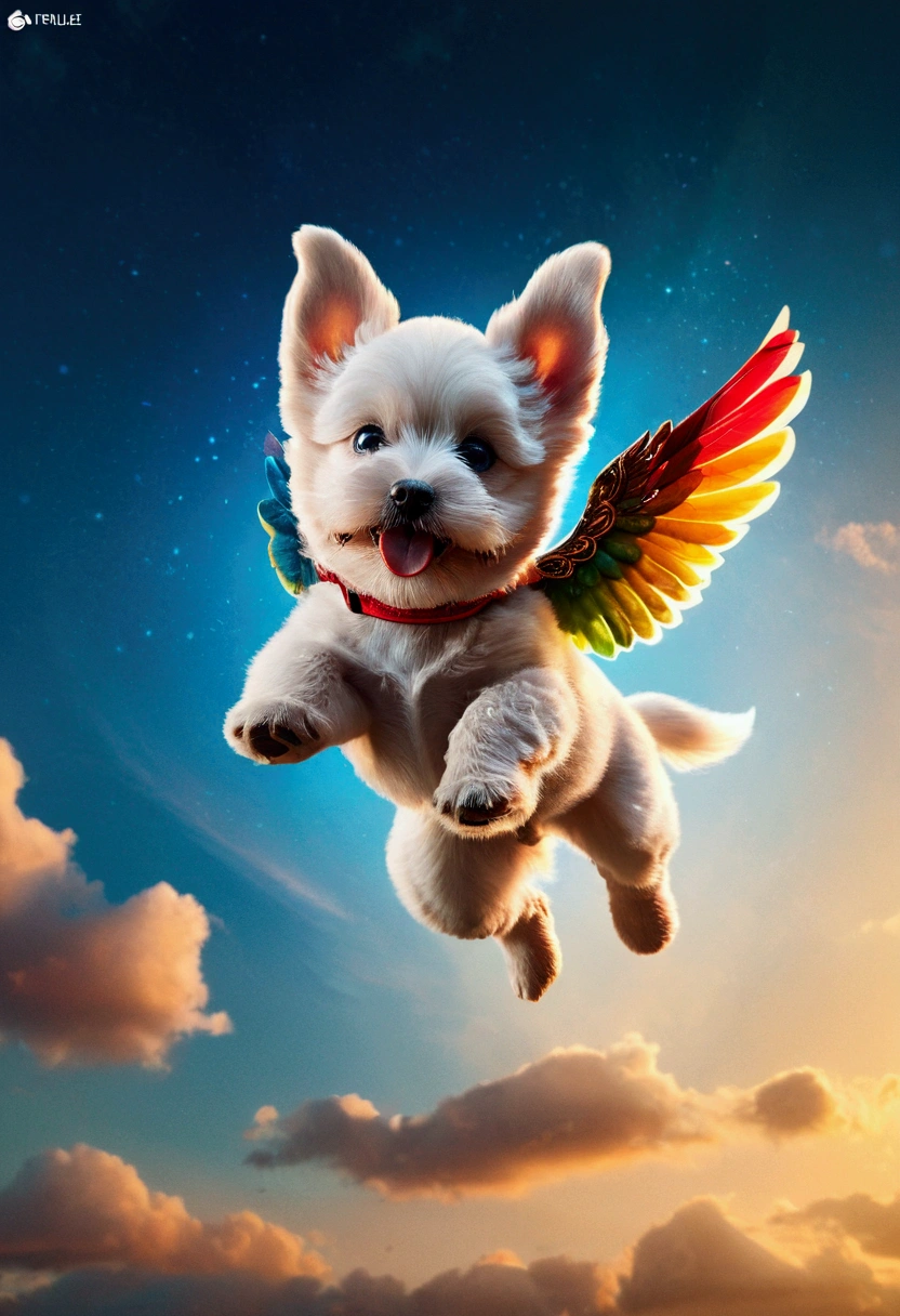 Flying Puppy, full body, by Andy_Lee, cinematic still, (best quality, masterpiece), very aesthetic, perfect composition, intricate details, ultra-detailed, vivid colors