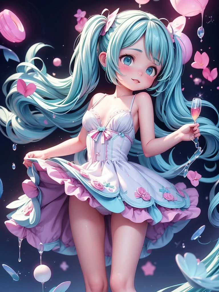 (masterpiece、Highest quality、Highest quality、Official Art、beautiful:1.2、8k resolution)、(One Girl:1.3)､hatsune miku、Twin tails,Big Breasts、F cup breasts,Chubby Beautiful Girl,  White ball gown, Vibrant pastel colors, (colorful), long flowing liquid pink hair, Magic lights, sparkling magic liquid, inspired Glen Keane, inspired By Lois Van Baarle, Disney Art Style, By Lois Van Baarle, An aura that glows around her, Glen Keane, Shining Light、Digital Painting, Flowing shiny hair, Shiny, Flowing Hair, beautifulデジタルイラスト, Fantasia Background, Whimsical Fantasy Background, Intricately detailed lingerie, Highly detailed lingerie, Emphasize cleavage、Sharp focus,  Sparkling eyes, Liquid watercolor background、