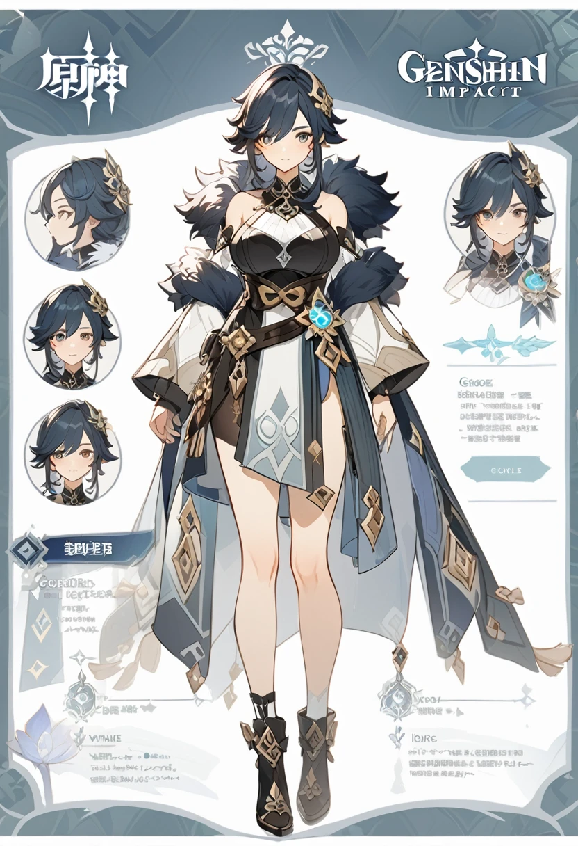 Genshin impact, genshin impact outfit, large breast, standing, character sheet, white backgound, bare shoulders, fur mantle,