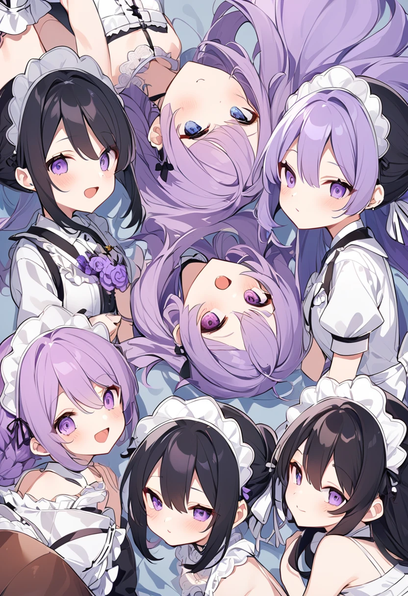 Keito。Maid outfit purple eyes。Black Hair。barefoot。six sisters。They both have lavender hair。all female。Sextuplets。