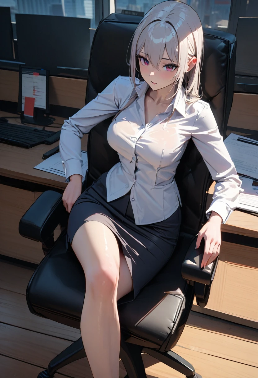 modern, Verism, masterpiece, textured skin, super detail, best quality, 4K , A beautiful woman, (((Ultra-slender))), ((Clothing of office workers)),Narrow skirt,Jacket,White shirt,Sitting in a chair