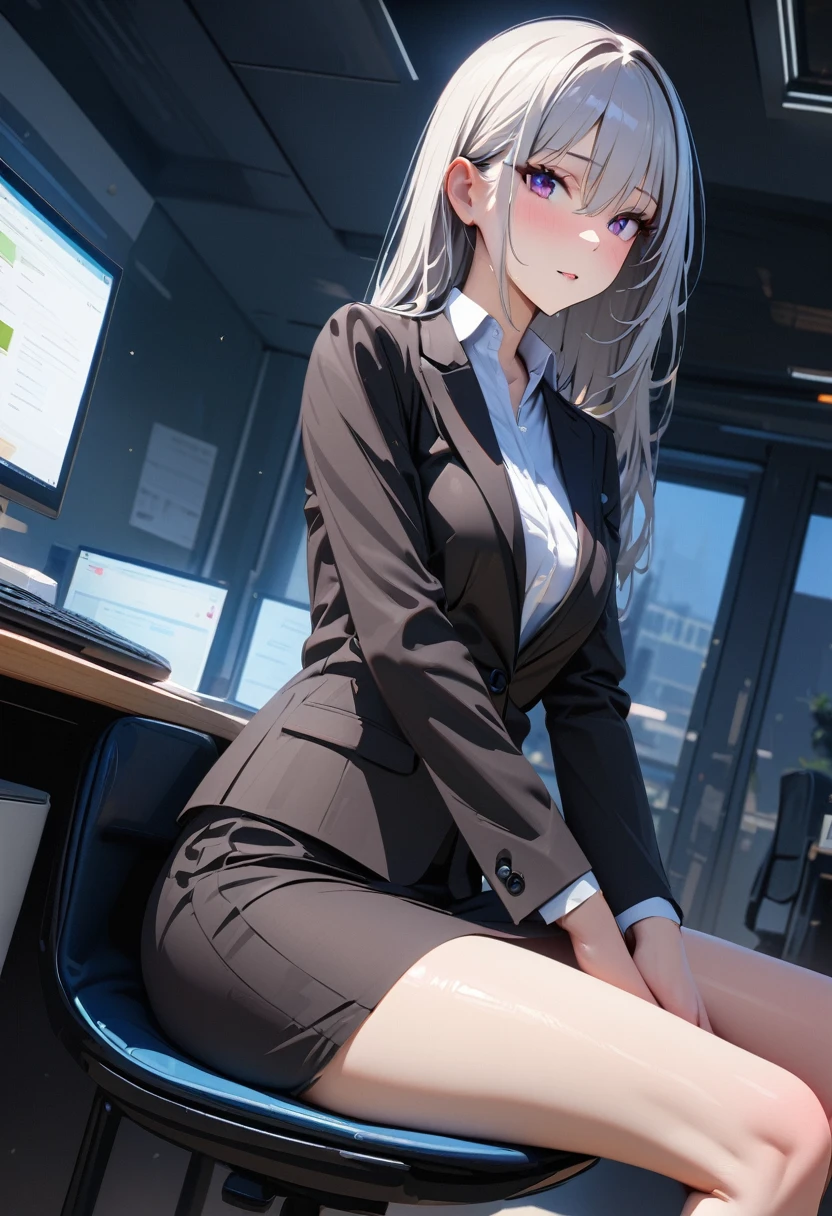 modern, Verism, masterpiece, textured skin, super detail, best quality, 4K , A beautiful woman, (((Ultra-slender))), ((Clothing of office workers)),Narrow skirt,Jacket,White shirt,Sitting in a chair