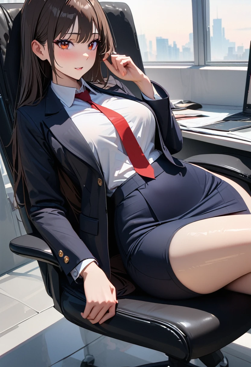 modern, Verism, masterpiece, textured skin, super detail, best quality, 4K , A beautiful woman, (((Ultra-slender))), ((Clothing of office workers)),Narrow skirt,Jacket,White shirt,Sitting in a chair
