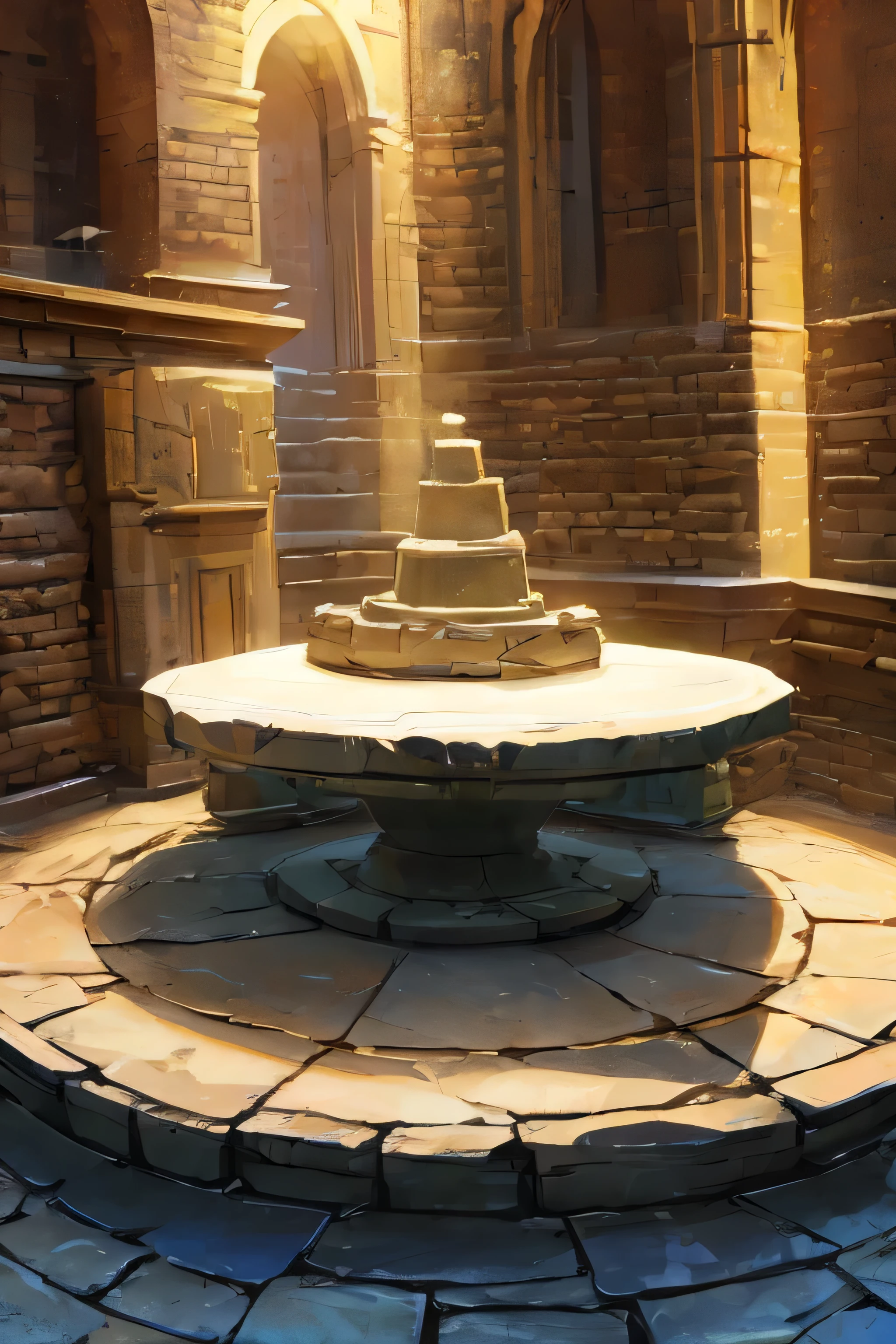 big-round-stone-table, 5-stone-thrones, space, far view,