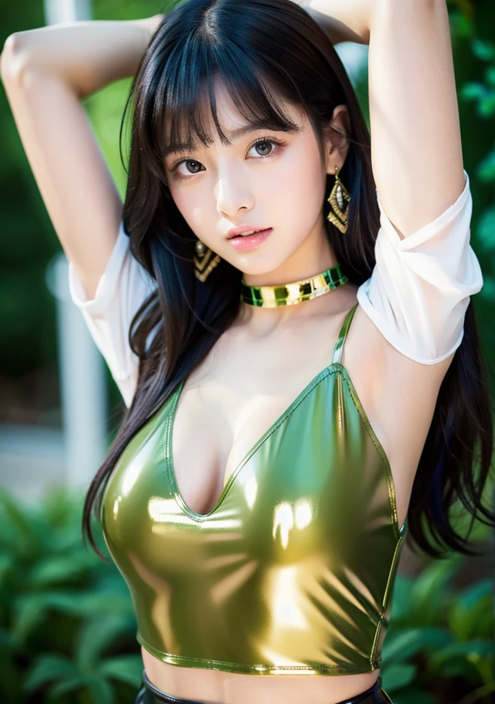 Rubbery shiny black green leather jacket、Tight mini skirt、A shiny, sheer shirt with a rubber texture、Cleavage、（Large Breasts:1.4)、Japanese、Gravure idol、Cute 18 year old girl,Long straight black hair, masterpiece, 最high quality, 超high quality, high quality, High resolution, 超High resolution, Absurd, 4K, 8k, 16K, Very detailed, Realistic, photo Realistic, RAWphotograph, photograph, Super Fine Illustration,Beautiful Face、Realistic Face、(Ultra detailed hair)、(Ultra-detailed eyes)、Beautiful details、Realistic Skin、Perfect Anatomy、(Detailed skin)、Beautiful Skin、Charm、Ultra high definition、Ultra-realistic、Correct Anatomy, Perfect proportions