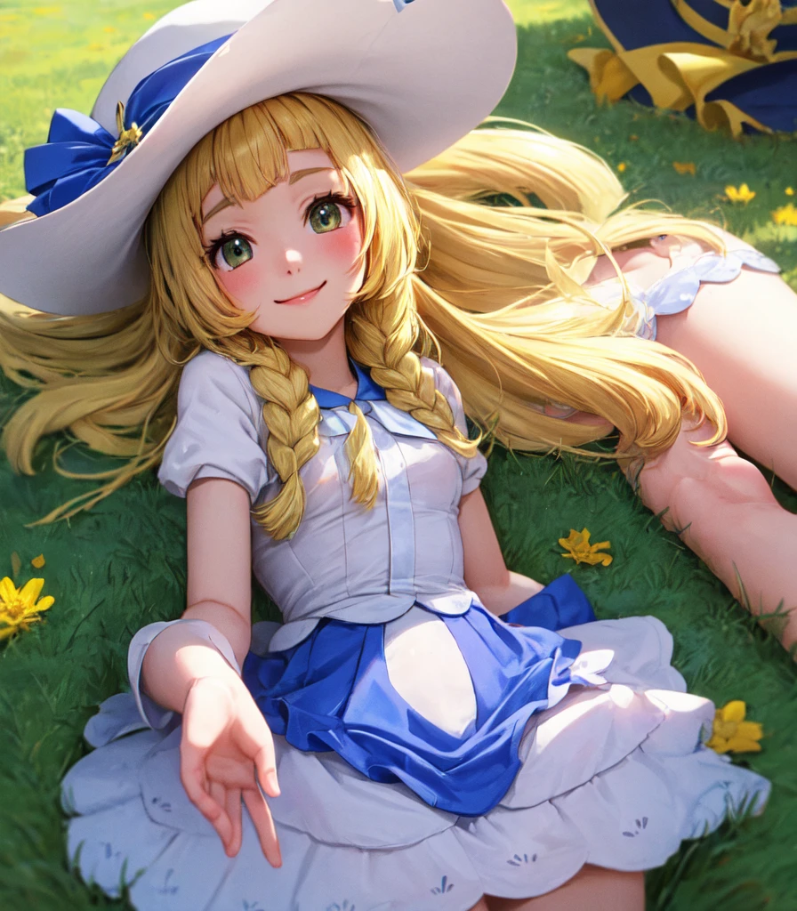 , ((Lying down))  (change)((Lying on the grass)) (sombrero) Cute Smile (Detailed fingers),Lillie