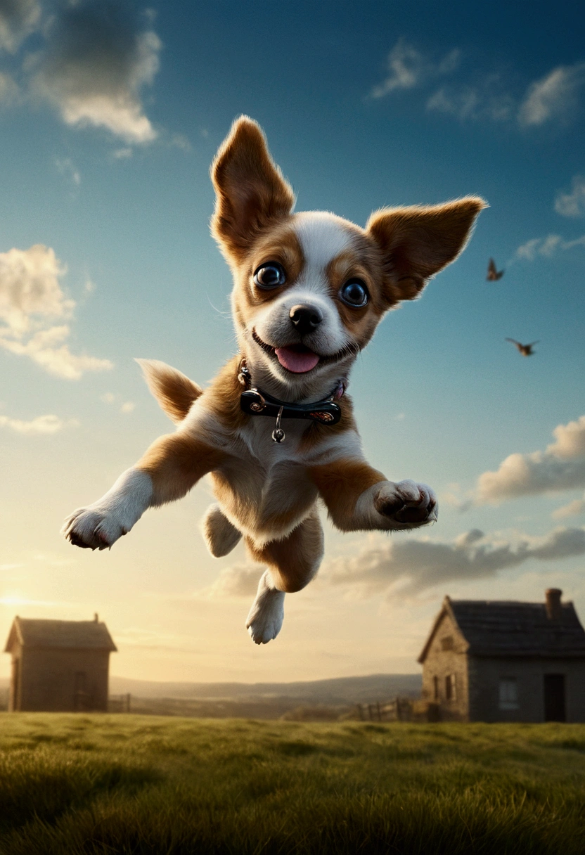 Flying Puppy, full body, by Alexander Jansson and Andy Kehoe, cinematic still, (best quality, masterpiece), very aesthetic, perfect composition, intricate details, ultra-detailed, vivid colors