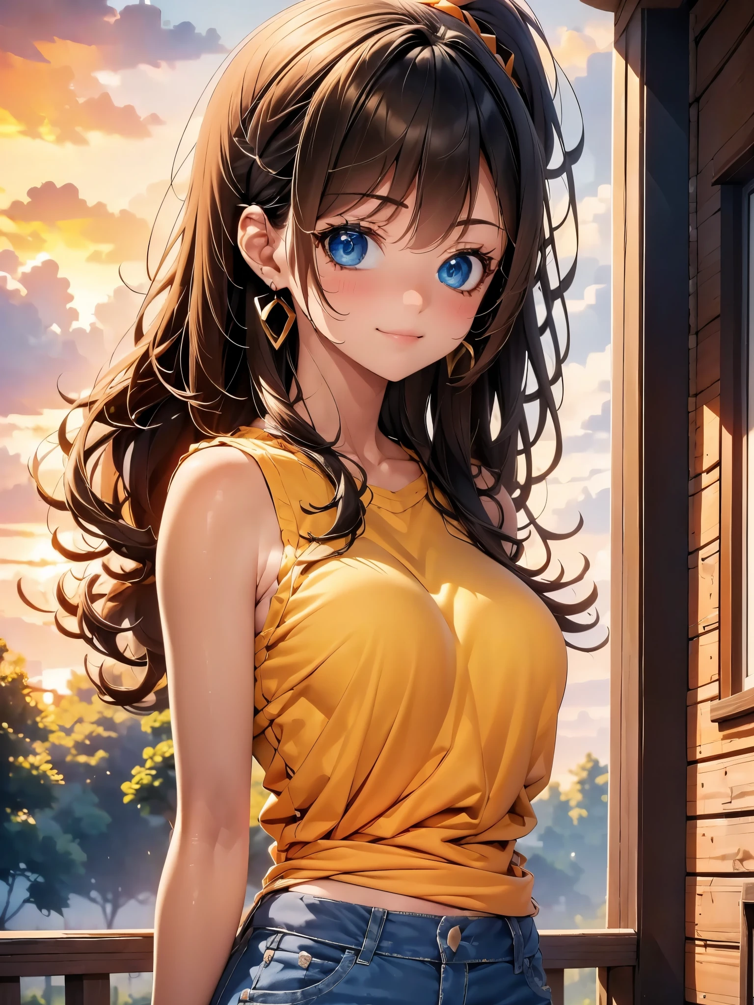1girl, solo, beautiful girl, brunette skin, blue eyes, detailed anime style, perfect anatomy, perfect hands, narrow waist, medium breasts, long hair, brown hair, high ponytail, asymmetrical bangs, blue eyes, detailed eyes, blush, emerald earrings, orange shirt, shirt lift, denim shorts, bare arms, bare shoulders, smile, standing, perfect hands, arm up, woods, cabin, sunset, orange sky, clouds, outdoors, underboob, ice cream, holding ice cream, high quality, high resolution, from behind, ass,