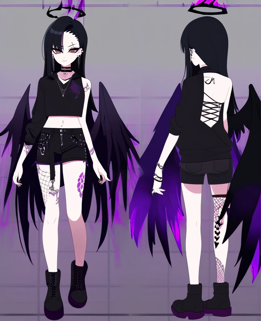 Anime girl. Fallen angel. Black wings. Black halo. Purple and brown eyes. Short, black hair. Purple dye underneath. Singer. On stage. Purple fire. Ouji style. VKei style. Goth. Fire tattoos. Many piercings. Reference sheet. VTuber. Wearing shorts.