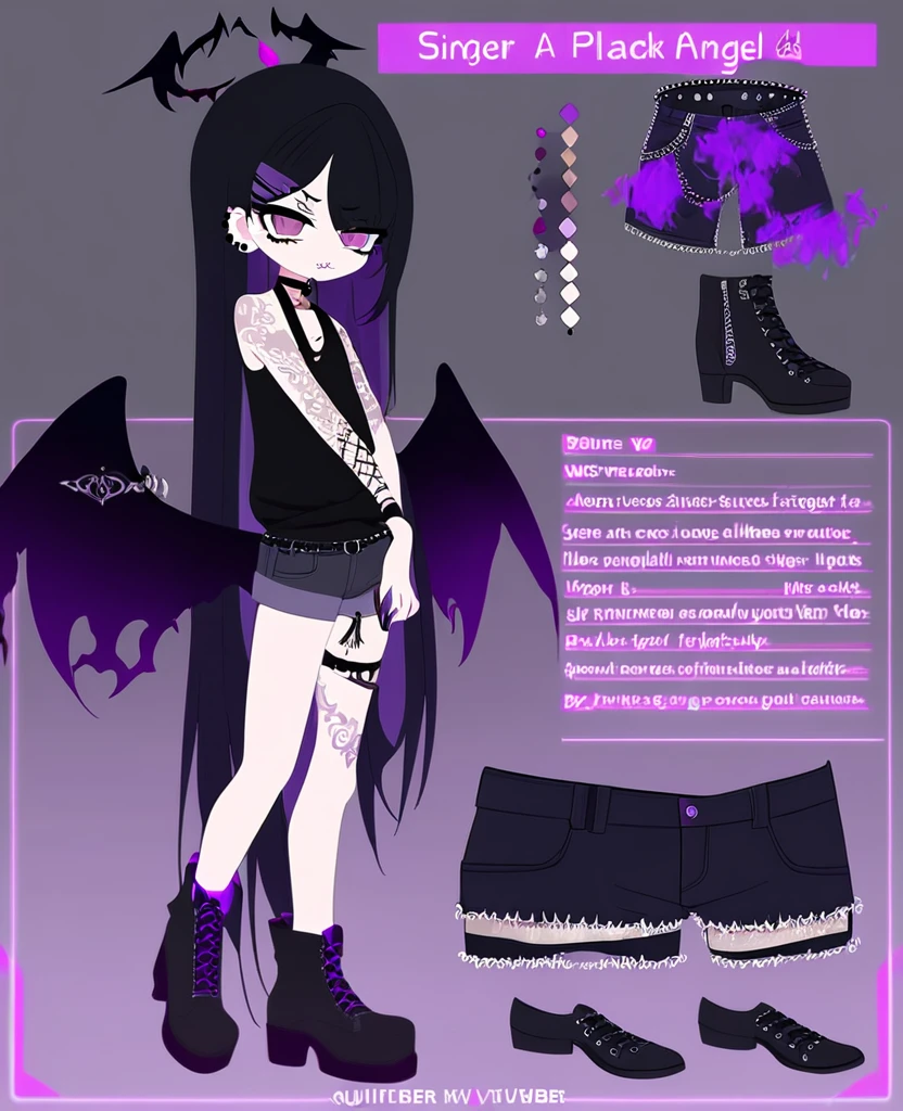 Anime girl. Fallen angel. Black wings. Black halo. Purple and brown eyes. Short, black hair. Purple dye underneath. Singer. On stage. Purple fire. Ouji style. VKei style. Goth. Fire tattoos. Many piercings. Reference sheet. VTuber. Wearing shorts.