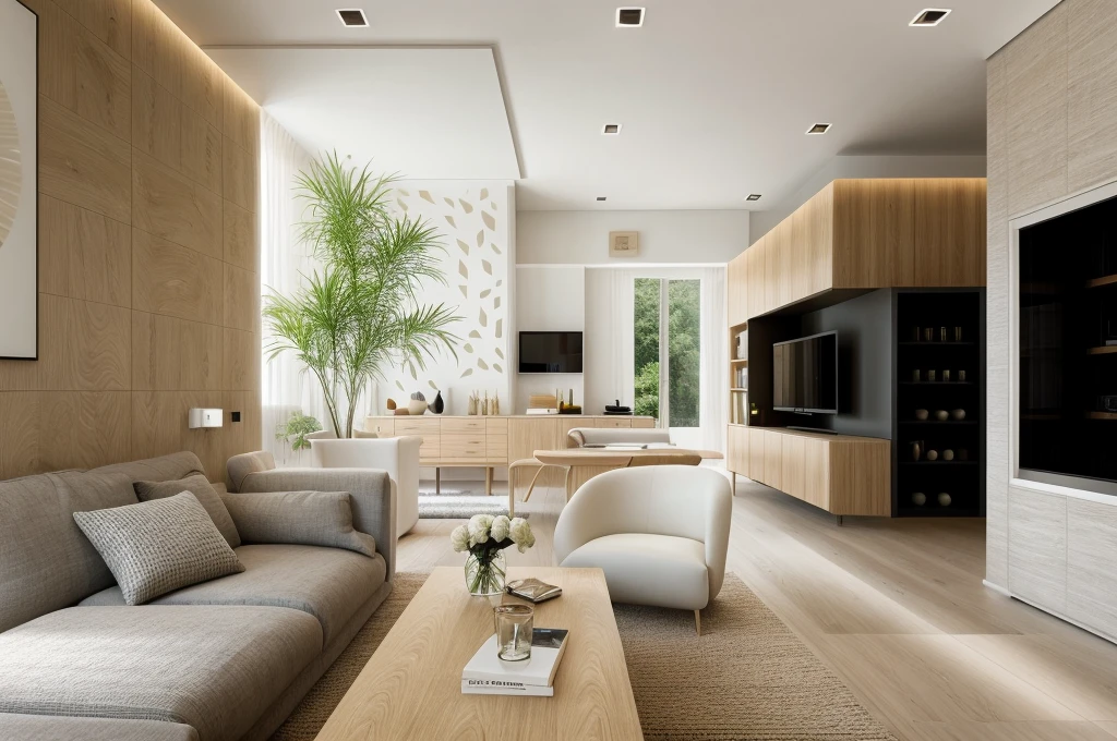 Livingroom interior, modern style, oak wood cabinet, neutral color scheme, white ceilling, beautiful lighting, (realistic:1.2), Raw photo,Masterpiece, high quality, best quality, authentic, super detail,