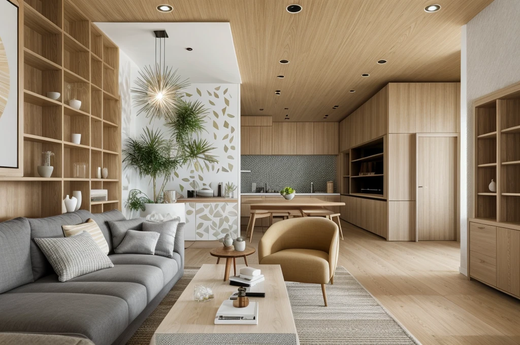 Livingroom interior, modern style, oak wood cabinet, neutral color scheme, white ceilling, beautiful lighting, (realistic:1.2), Raw photo,Masterpiece, high quality, best quality, authentic, super detail,