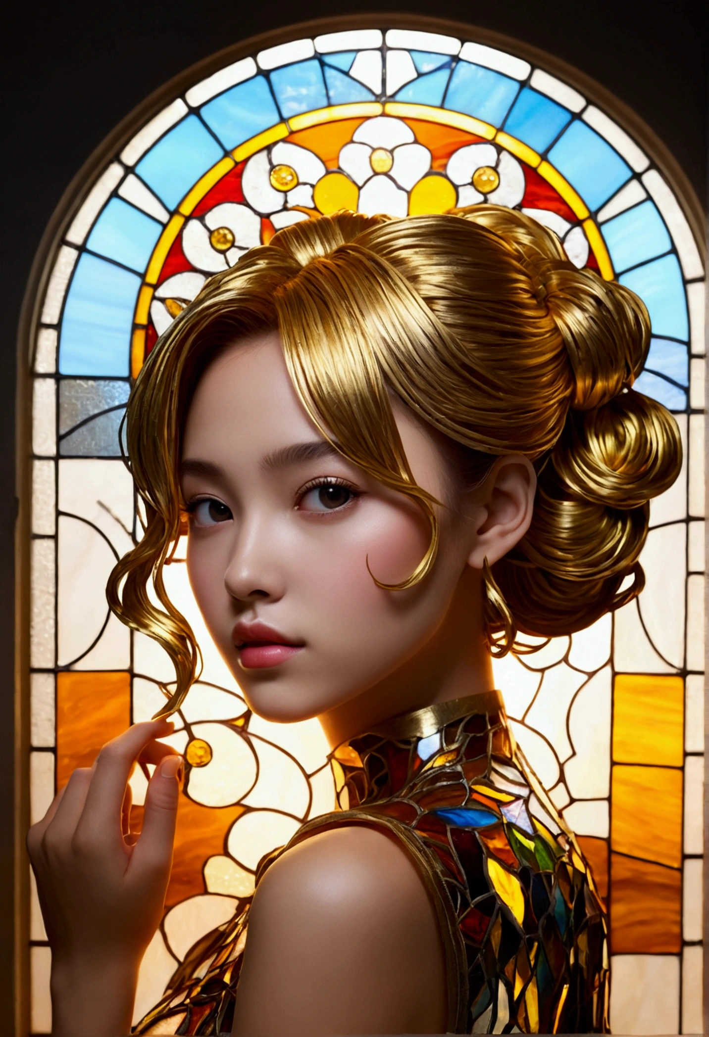 (masterpiece, Highest quality, Highest quality,Official Art, beautifully、Super Gold Hairstyle、aesthetic:1.2),(One girl:1.3), One girl BREAK stained glass art, Colored Glass, Lead wire, Light transmission BREAK Vivid colors, Intricate Design, Glowing effect, Spiritual atmosphere