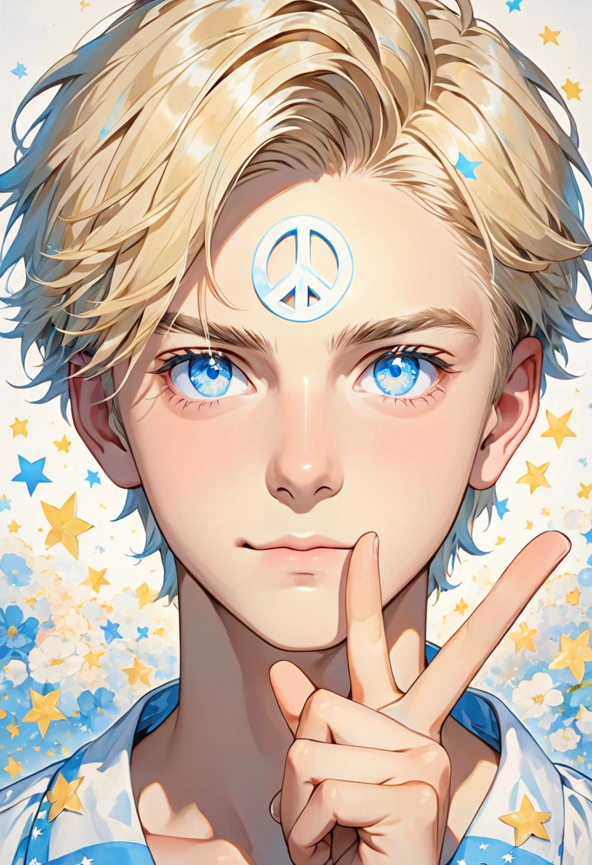 God bless [in full]　A 16-year-old blonde young man with light blue eyes and a white star over his left eye.　Peace sign next to face