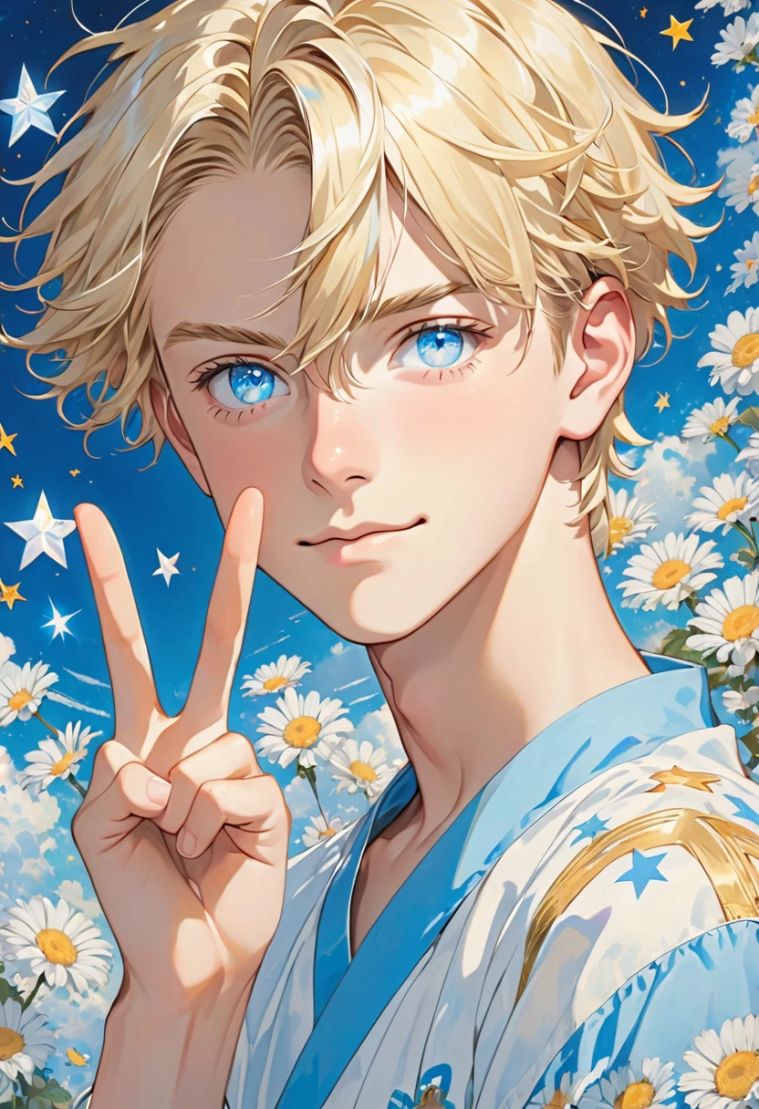God bless [in full]　A 16-year-old blonde young man with light blue eyes and a white star over his left eye.　Peace sign next to face
