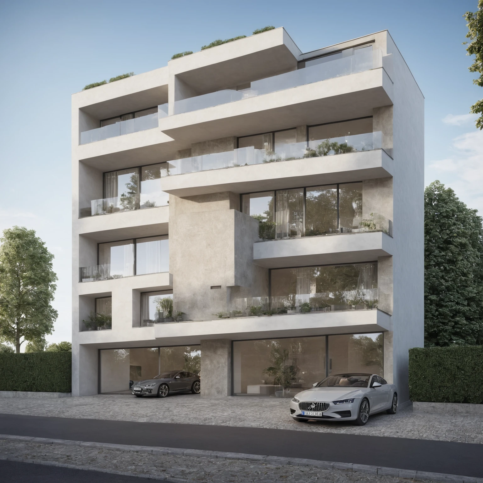 il y a une voiture garée devant un immeuble avec une pancarte dessus, condo moderne et luxuriant comme vitrine, grand angle extérieur 2022, vue de face, rendu 3D très réaliste, Rendu photoréaliste 3D, rendu architectural, vue extérieure, Rendu photoréaliste, rendu 3D photoréaliste, rendu 3D photoréaliste, rendu architectural 3D