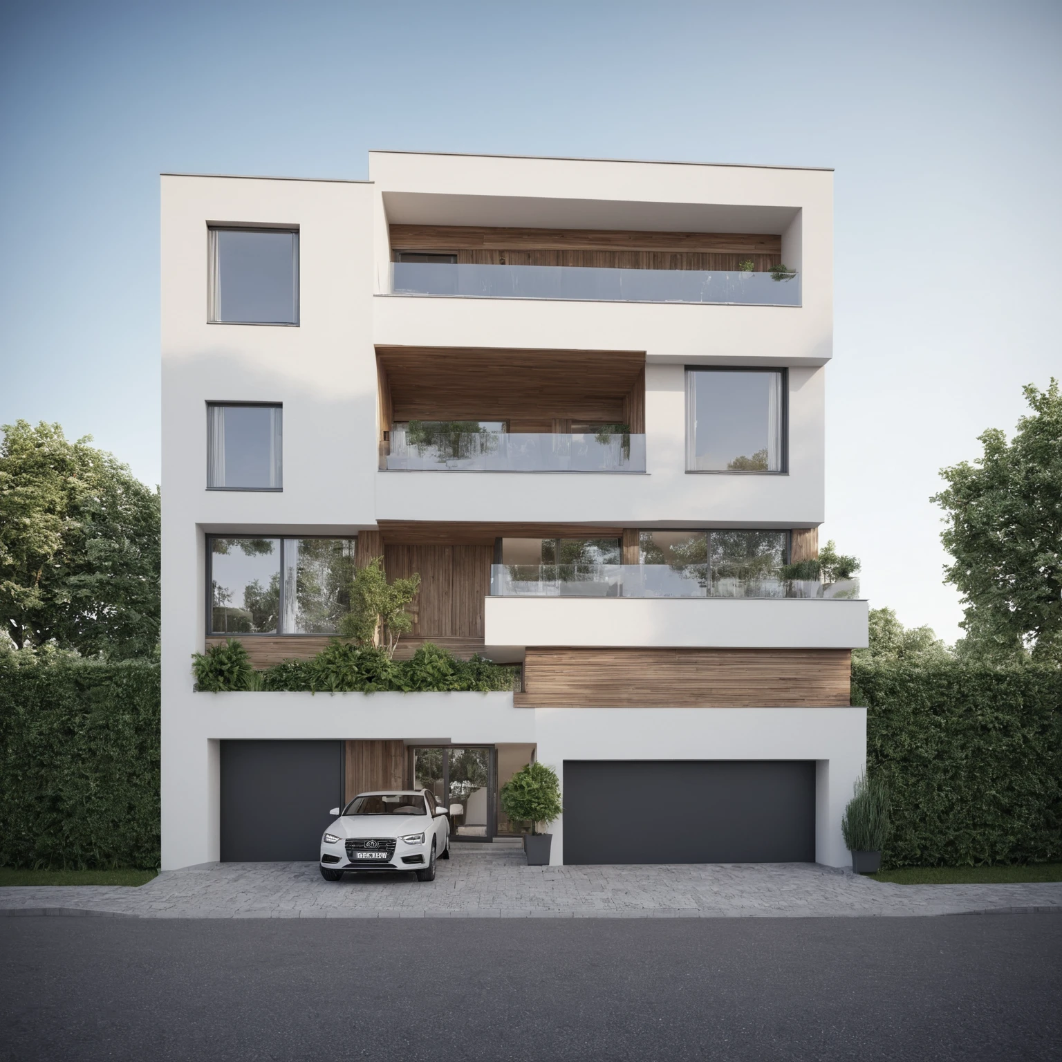 il y a une voiture garée devant un immeuble avec une pancarte dessus, condo moderne et luxuriant comme vitrine, grand angle extérieur 2022, vue de face, rendu 3D très réaliste, Rendu photoréaliste 3D, rendu architectural, vue extérieure, Rendu photoréaliste, rendu 3D photoréaliste, rendu 3D photoréaliste, rendu architectural 3D