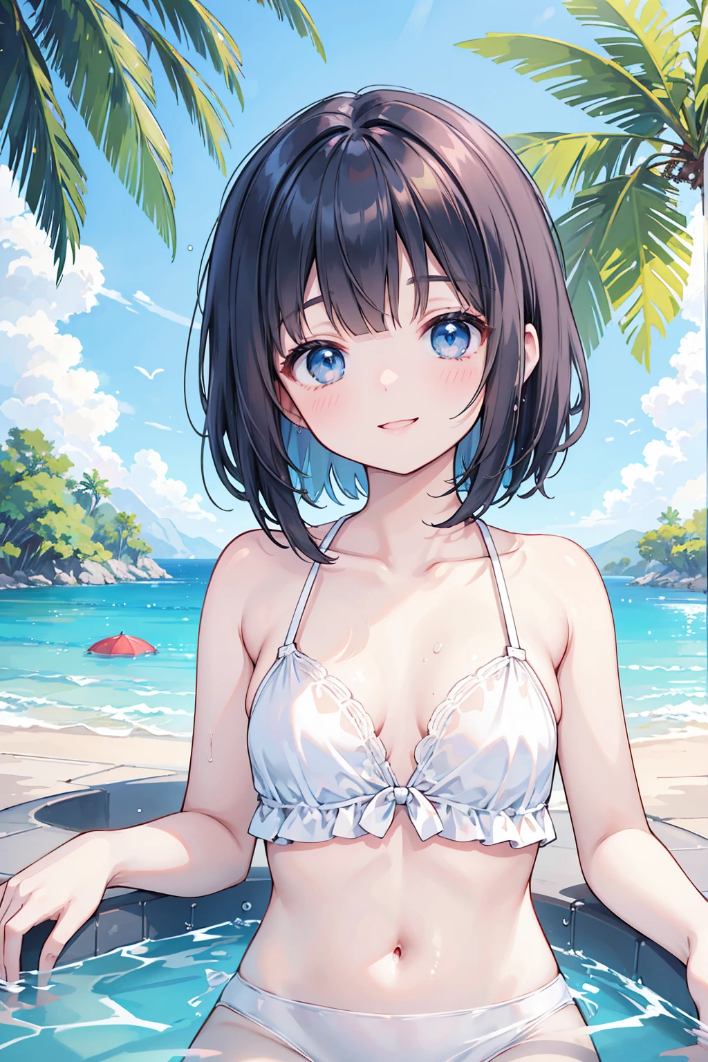 Photorealistic、Highest quality、Highest Resolution、Highest quality、８Ｋ、1人のBeautiful woman、Beautiful woman、Beautiful woman、cute、Bob cut hair、Dark Hair Color、Pale blue eyes、cute水着、Sunny day pool、Swim ring、smile、looks fun、