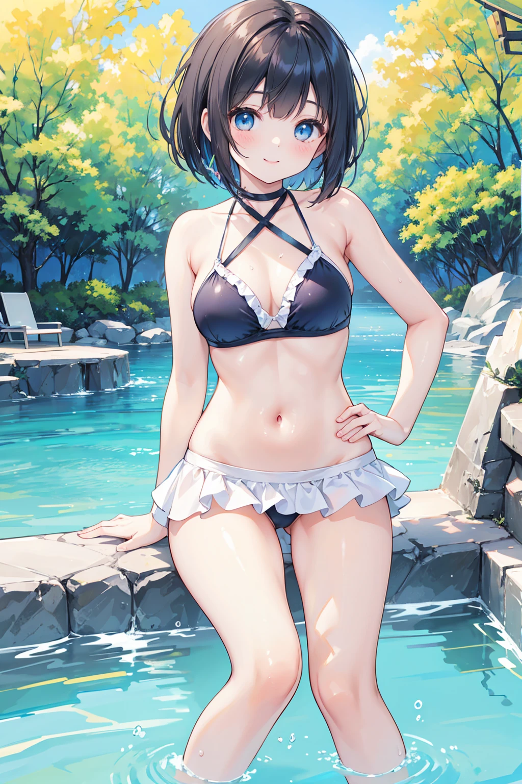 Photorealistic、Highest quality、Highest Resolution、Highest quality、８Ｋ、1人のBeautiful woman、Beautiful woman、Beautiful woman、cute、Bob cut hair、Dark Hair Color、Pale blue eyes、cute水着、Sunny day pool、Swim ring、smile、looks fun、