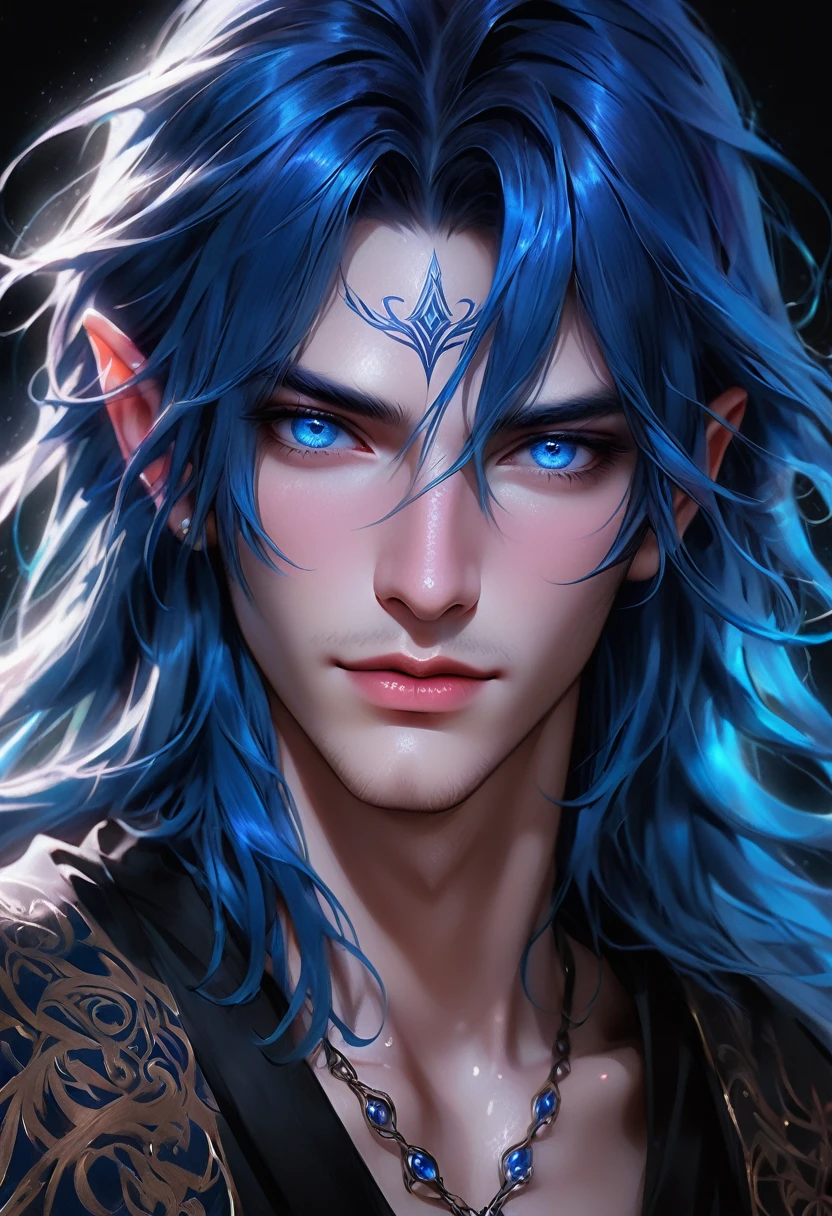 full ariel view of a ethereal demonic 25 year old anime guy male druid, with metallic foil print royal blue long hair, moist wet glistening lips, delicate masterpieceintimate delicate etched glowing rune tattoos, winking, beautiful gorgeous elf ((male)) kissyface, perfect face, blue/black pastel eyes, long royal blue wisp hair, freckles, piercings, foil print neonbody art, laboratory experiment, perfect ???????, centered, almost perfect, dynamic, very detailed, glowing, artstation, concept art, soft and sharp focus, art by Carne Griffiths and Wadim Kashin, high-definition accent lighting, epic, elven atmosphere, contrasted with vibrant paint colors., futuristic cyborg in the year 2950,