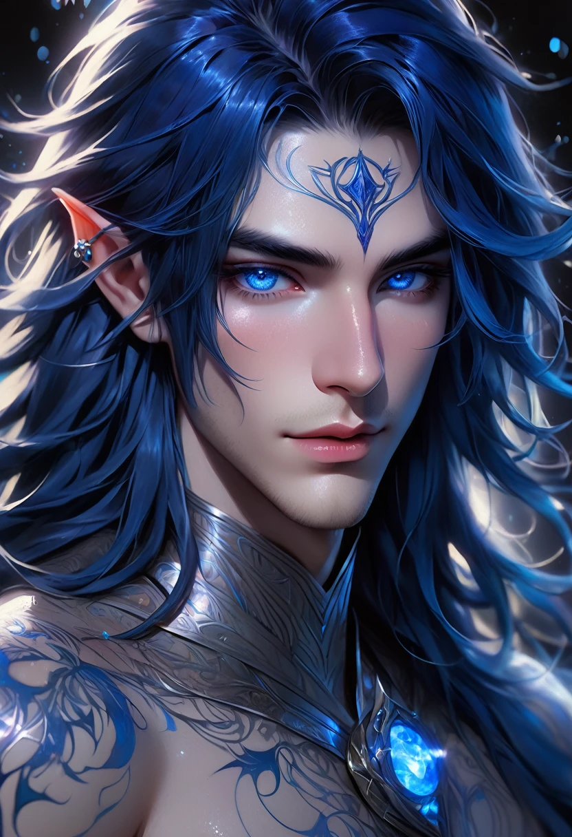 full ariel view of a ethereal demonic 25 year old anime guy male druid, with metallic foil print royal blue long hair, moist wet glistening lips, delicate masterpieceintimate delicate etched glowing rune tattoos, winking, beautiful gorgeous elf ((male)) kissyface, perfect face, blue/black pastel eyes, long royal blue wisp hair, freckles, piercings, foil print neonbody art, laboratory experiment, perfect anatomy, centered, almost perfect, dynamic, very detailed, glowing, artstation, concept art, soft and sharp focus, art by Carne Griffiths and Wadim Kashin, high-definition accent lighting, epic, elven atmosphere, contrasted with vibrant paint colors., futuristic cyborg in the year 2950,