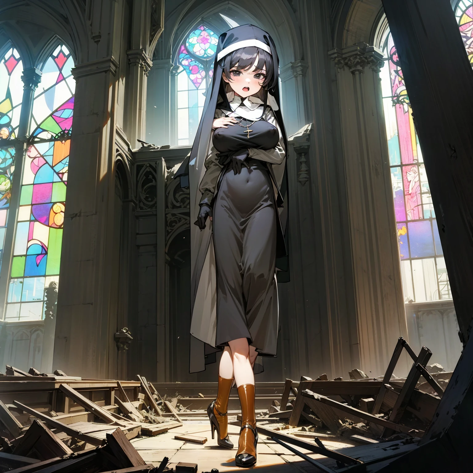 (solo), 1 skinny nun, (black sheer nun's robe), large breasts, stiletto heels, BREAK, black short hair, long sidelocks, black eyes, BREAK, short torso, skinny waist, skinny long legs, BREAK, old rotten church, devastated ruin, stained glass, BREAK, orgasm, coverd erectile nipples