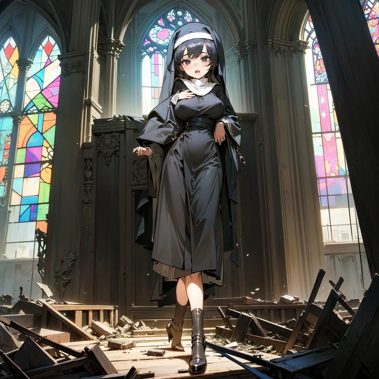 (solo), 1 skinny nun, (black sheer nun's robe), large breasts, stiletto heels, BREAK, black short hair, long sidelocks, black eyes, BREAK, short torso, skinny waist, skinny long legs, BREAK, old rotten church, devastated ruin, stained glass, BREAK, orgasm, coverd erectile nipples