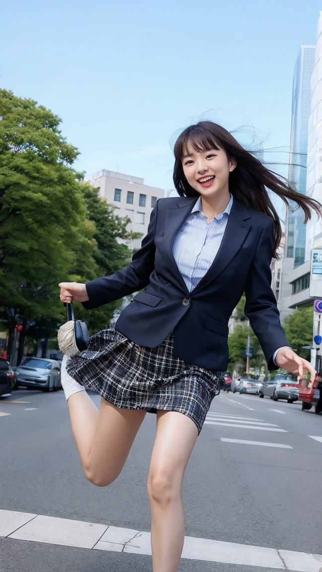 Highest quality、masterpiece、Ultra-high resolution、(Realistic:1.4)、Downtown Tokyo、woman、ライオンから逃げるwoman、(((Jump and rotate)))、Grin、beautiful woman、suit、skirt、Handbags、High heels