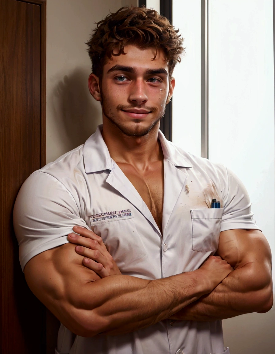Medium shot,Medicine student,Cross your arms over your chest, cool , masculine,big muscle, 22 year old,tan skin,(messy brown hair),soft facial hair,handsome , in university ,confidence,smirk