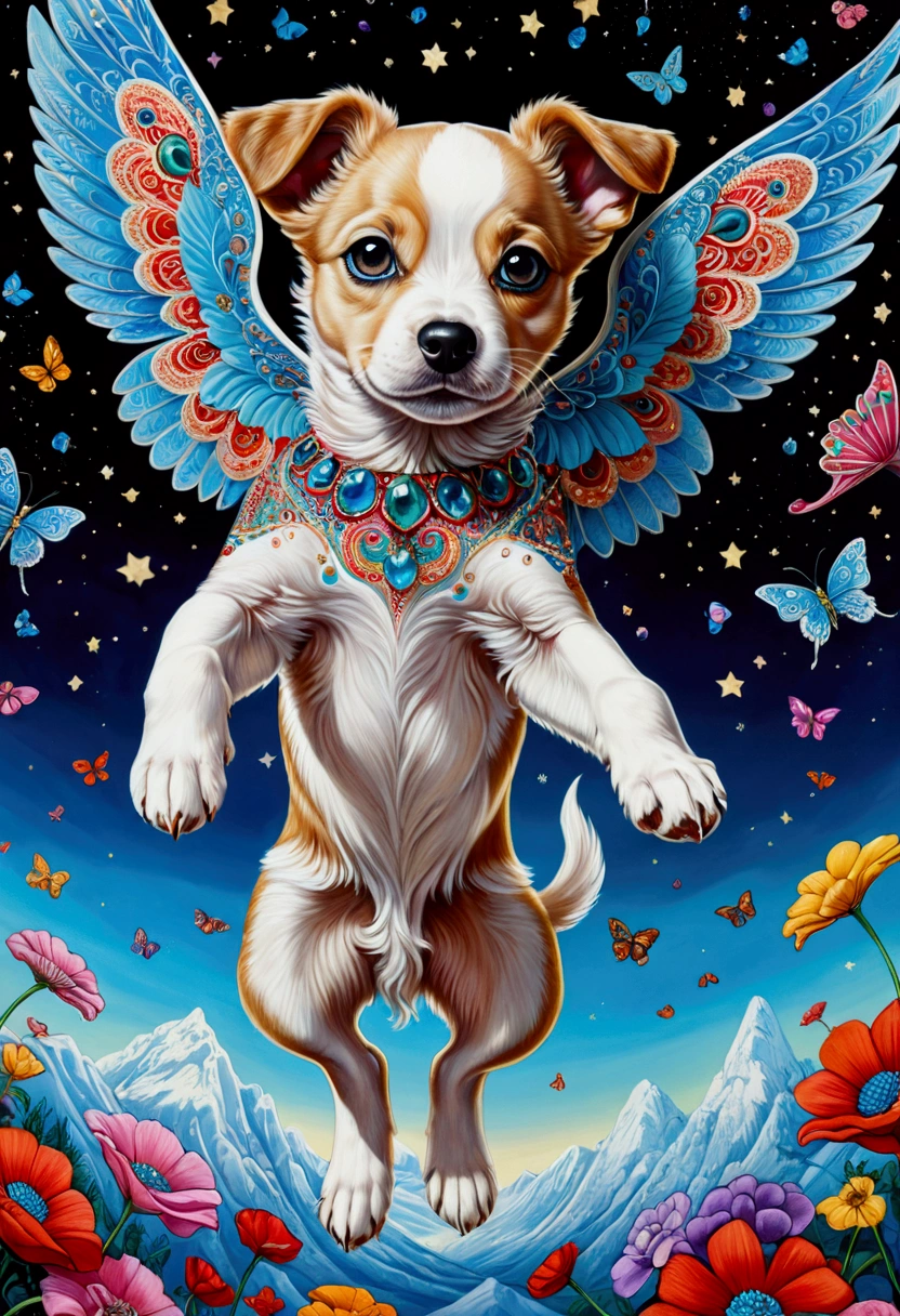 Flying Puppy, full body, by Alexander Jansson and Andy Kehoe, cinematic still, (best quality, masterpiece), very aesthetic, perfect composition, intricate details, ultra-detailed, vivid colors