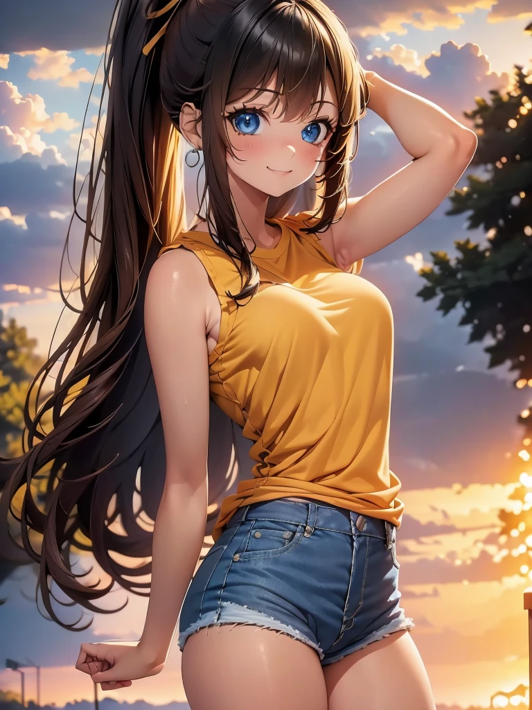 1girl, solo, beautiful girl, brunette skin, blue eyes, detailed anime style, perfect anatomy, perfect hands, narrow waist, medium breasts, long hair, brown hair, high ponytail, asymmetrical bangs, blue eyes, detailed eyes, blush, emerald earrings, orange shirt, shirt lift, denim shorts, bare arms, bare shoulders, smile, standing, perfect hands, arm up, woods, cabin, sunset, orange sky, clouds, outdoors, high quality, high resolution, from behind, ass,