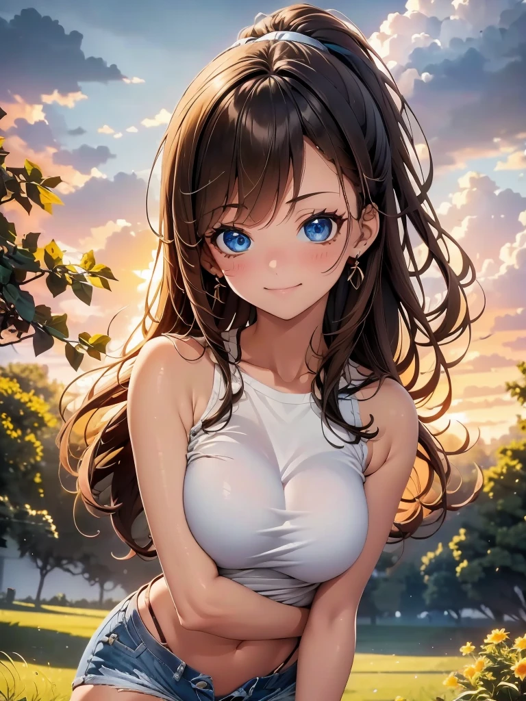 1girl, solo, beautiful girl, brunette skin, blue eyes, detailed anime style, perfect anatomy, perfect hands, narrow waist, medium breasts, long hair, brown hair, high ponytail, asymmetrical bangs, blue eyes, detailed eyes, blush, emerald earrings, orange shirt, shirt lift, denim shorts, bare arms, bare shoulders, smile, standing, perfect hands, arm up, woods, cabin, sunset, orange sky, clouds, outdoors, high quality, high resolution, from behind, ass,