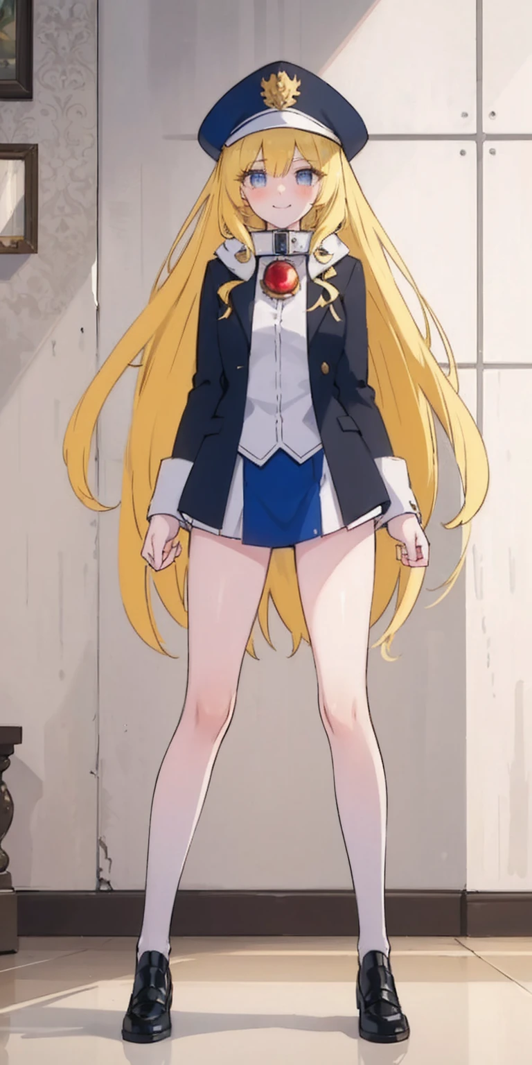 (4k, ultra high resolution, Prominence in Masterpiece, High Quality, Best Quality: 1.2) full body, 1 female, solo, 1girl, 1woman, lustful smirking smile blush, looking at viewer, sitting, blonde hair, long hair, (black jacket), beautiful and detailed face, detailed eyes, looking at the viewer (grey theme) close jacket (aesthetic clothing) hands on hips, wide hips, blonde long hair, blonde drill hair, blonde twin drills hair, blue wizard hat, Handcuffs on their hands, With a collar around the neck