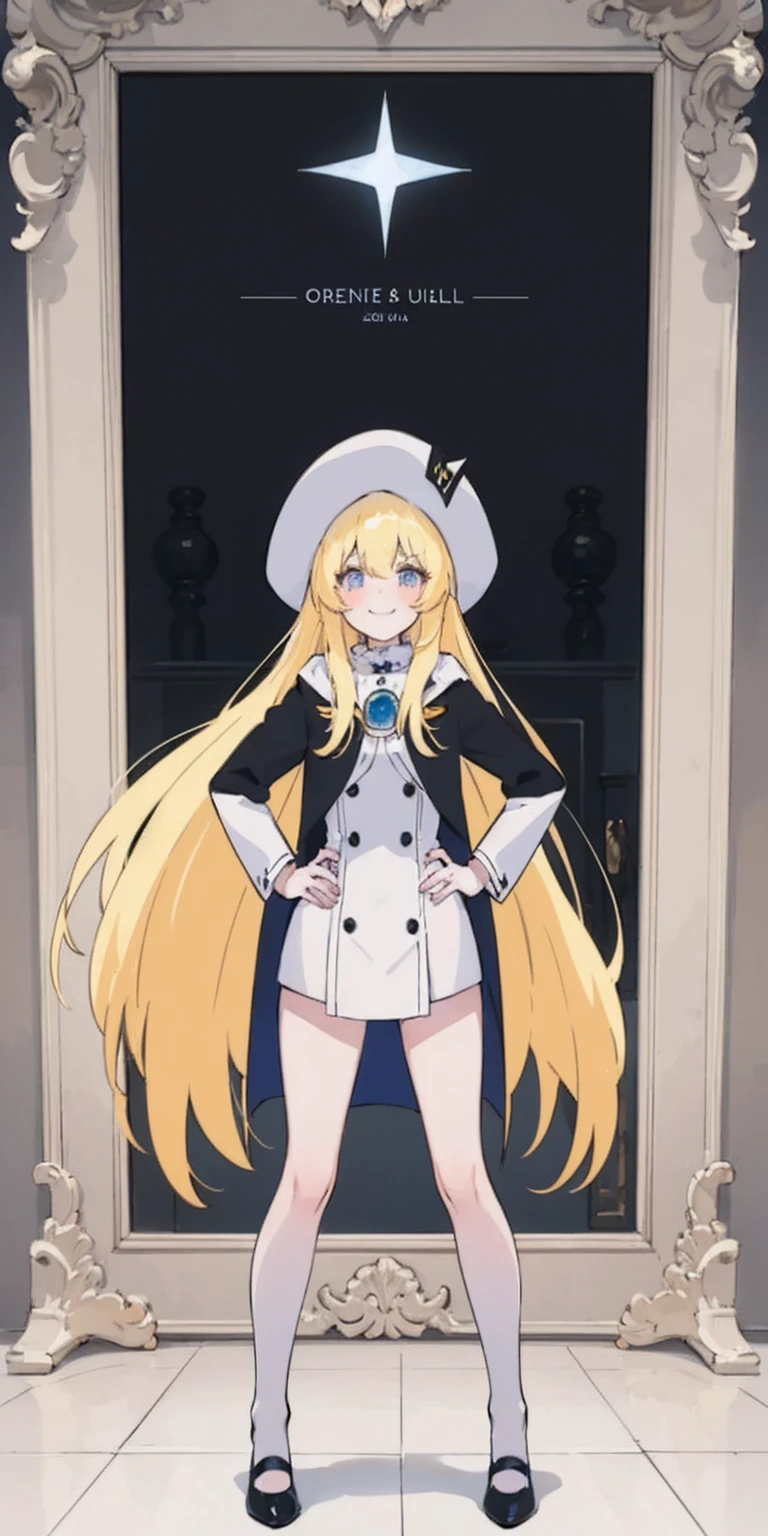 (4k, ultra high resolution, Prominence in Masterpiece, High Quality, Best Quality: 1.2) full body, 1 female, solo, 1girl, 1woman, lustful smirking smile blush, looking at viewer, sitting, blonde hair, long hair, (black jacket), beautiful and detailed face, detailed eyes, looking at the viewer (grey theme) close jacket (aesthetic clothing) hands on hips, wide hips, blonde long hair, blonde drill hair, blonde twin drills hair, blue wizard hat, Handcuffs on their hands, With a collar around the neck
