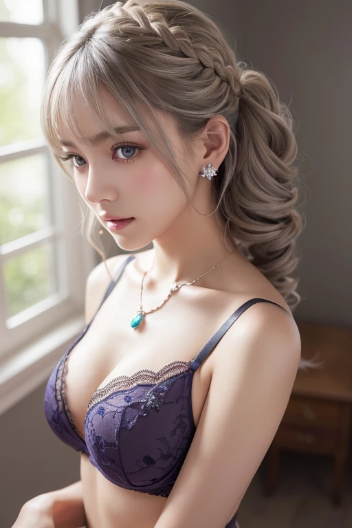 Dark Purple Lace T-Back Bra, Large Breasts, (((とてもエレガントでbeautiful, Perfect detail, Very detailed))), whole body, The most detailed girl, Written boundary depth, 美しくdetailedなwhole body, Thin legs, 1 girl, 30 years old, Very short hair, Spiked Hair, Gray and silver hair, beautiful detailed hair, Perfect Face, Expressionless, beautiful, detailed, Deep Eyes, Open your mouth a little, Delicate arms and hands, Pale skin, Earrings, beautiful and gorgeous necklace, Colorful background, HD background, Blurred Background, とても繊細でbeautiful, masterpiece, (((Highest quality, とてもbeautiful8K CG壁紙))), (((Trendy hairstyles))), (Inside the room,Stylish interior,window),