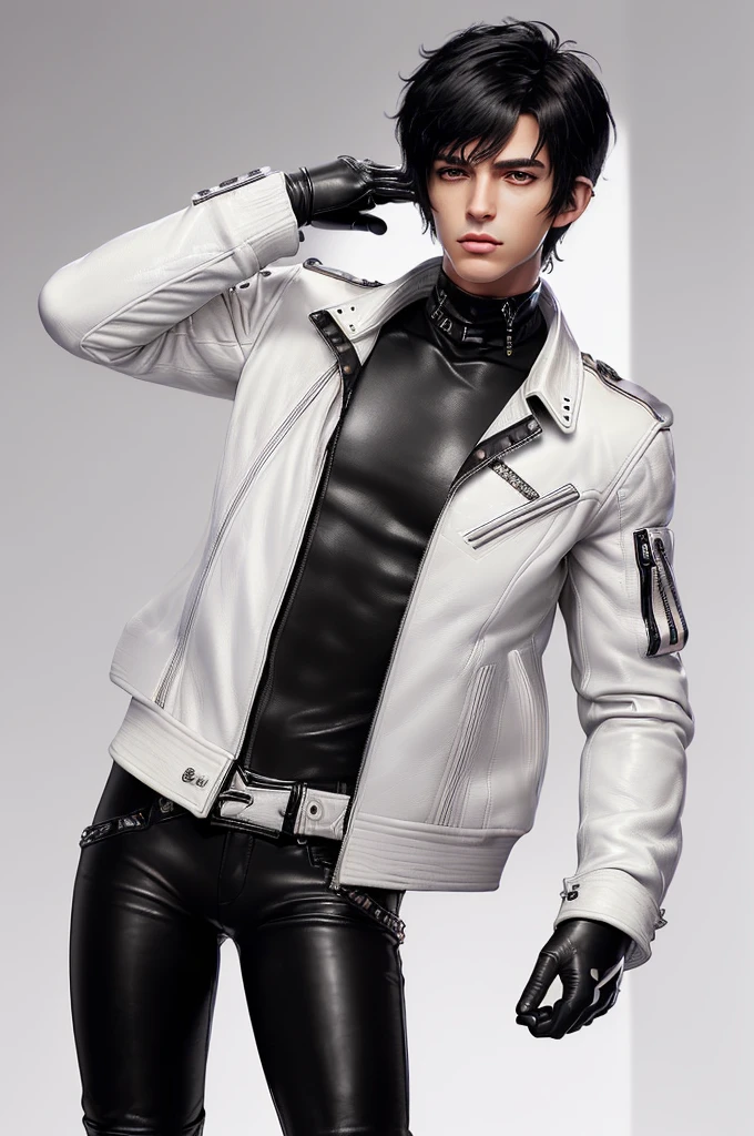 Final fantasy taste and reality graphics, ((Japanese young cute and cool ikemen  boy)), his age is early 20s, thin eyebrows and beady eyes,  ((he wearing off white color leather  thick and heavy material jacket)), ((jacket is singlebrest)), ((biker style jacket)), ((jacket is large size)),((with epaulet)), ((jacket is long sleeve)), ((zipped front of the leather jacket)), , ((voluminous leather jacket)), ,((must jacket is high length and stand-up collar)) ((jacket collar with two belts)), ((jacket is a little black color line pattern)), ((also wearing black thick material turtleneck lackluster shirts)),  ((tight black leather pants)),  ((put black leather tight and thin glove on both hands)), ((black leather knee-high raceup boots)),((must views  head-to-toe)),((must views whole body)), ,((Do not show skin from the neck down)),leather jacket leather glove and leather pants have few wrinkles, Avoid showing your innerwear,zip up jacket fastner.must put on a leather glove.
Boy is black hair.boy looks like fashion model.
