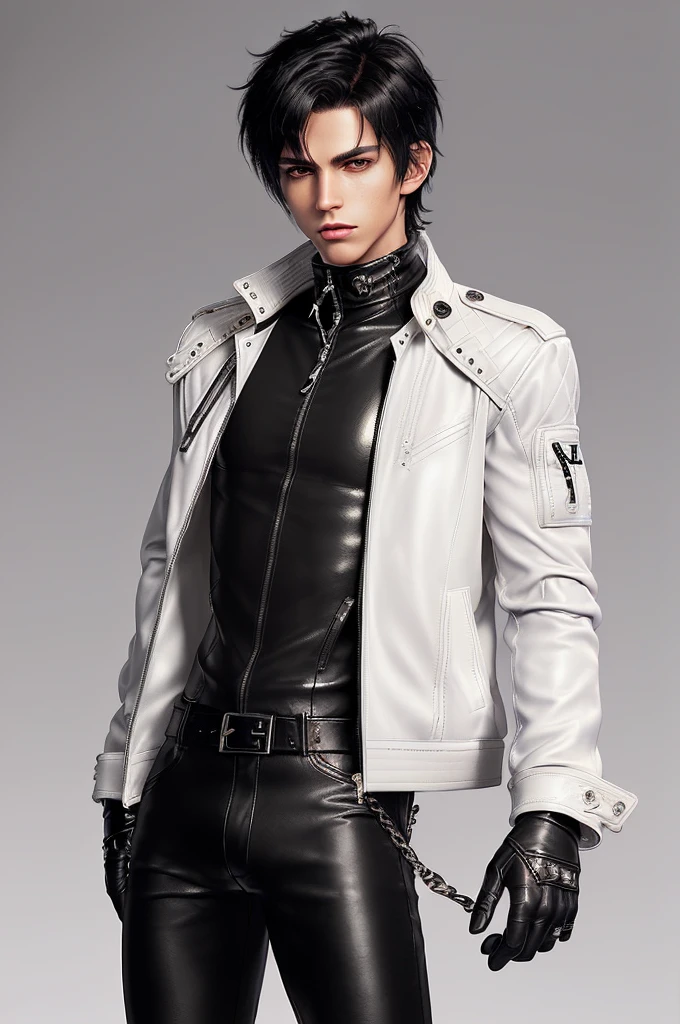 Final fantasy taste and reality graphics, ((Japanese young cute and cool ikemen boy)), his age is early 20s, thin eyebrows and beady eyes, ((he wearing off white color leather thick and heavy material jacket)), ((jacket is singlebrest)), ((biker style jacket)), ((jacket is large size)),((with epaulet)), ((jacket is long sleeve)), ((zipped front of the leather jacket)), , ((voluminous leather jacket)), ,((must jacket is high length and stand-up collar)) ((jacket collar with two belts)), ((jacket is a little black color line pattern)), ((also wearing black thick material turtleneck lackluster shirts)), ((tight black leather pants)), ((put black leather tight and thin glove on both hands)), ((black leather knee-high raceup boots)),((must views head-to-toe)),((must views whole body)), ,((Do not show skin from the neck down)),leather jacket leather glove and leather pants have few wrinkles, Avoid showing your innerwear,zip up jacket fastner.must put on a leather glove.
Boy is black hair.boy looks like fashion model.