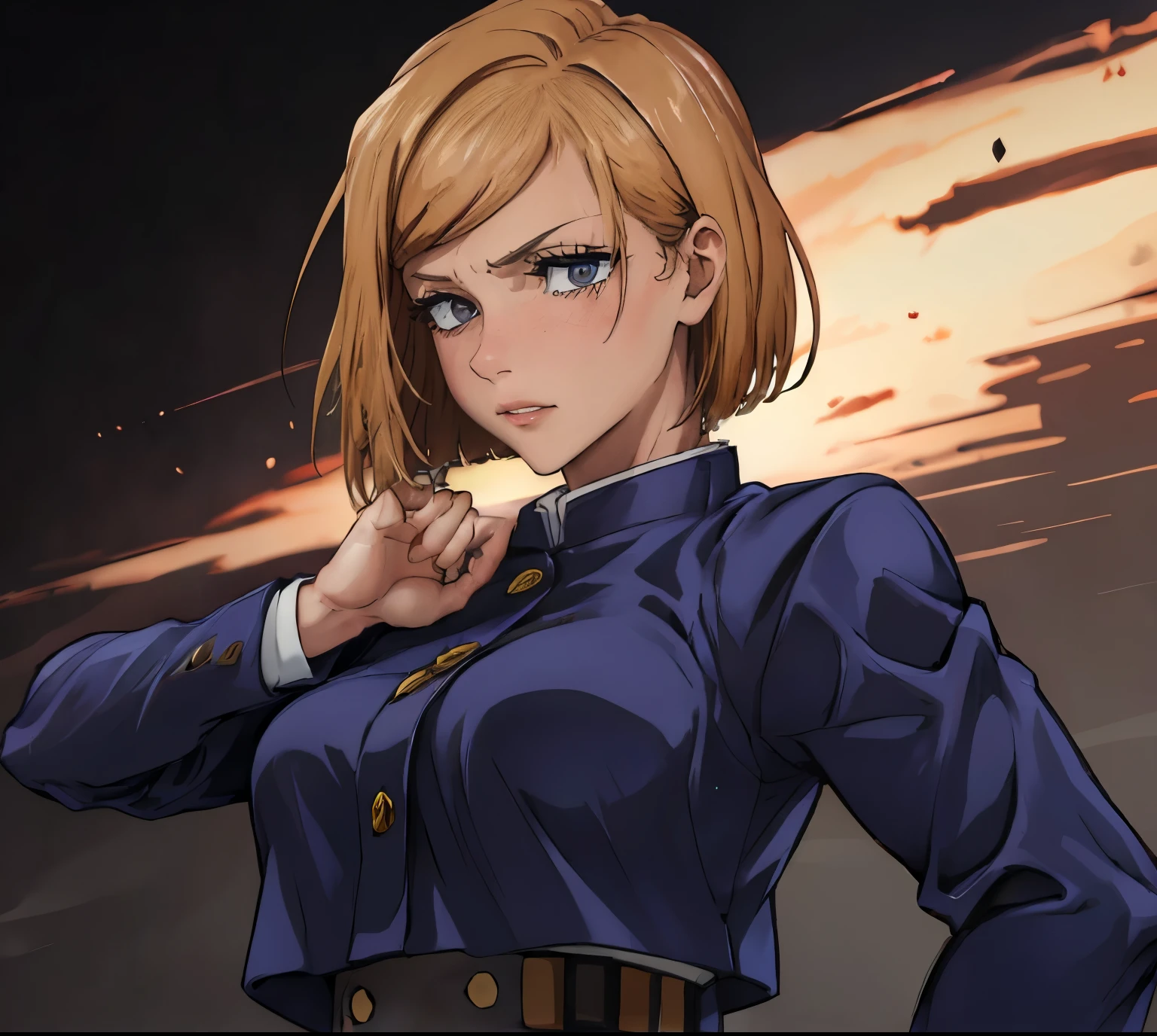 (masterpiece:1.2, best quality:1.2, beautiful, high quality, highres:1.1), 1girl, detailed, short hair, short brown hair, short brown hair, extremely detailed 4K, perfect eyes, perfect face, , circle arms, serious gaze, ready for battle, combat face, brown shiny eyes, brown colored eyes, posing, hands, arms, side bangs, short hair, scars on body, Nobara Kugisaki, perfect eyes dangerous, brown colored eyes, exotica, Nobara Kugisaki LoRA, blue shirt, jujutsu uniform, sleeves, beautiful face, perfect lighting, (1girl, solo, adult female, mature female), thin, lithe body, Nobara, light brown, (medium breasts), ((sensual seductive))